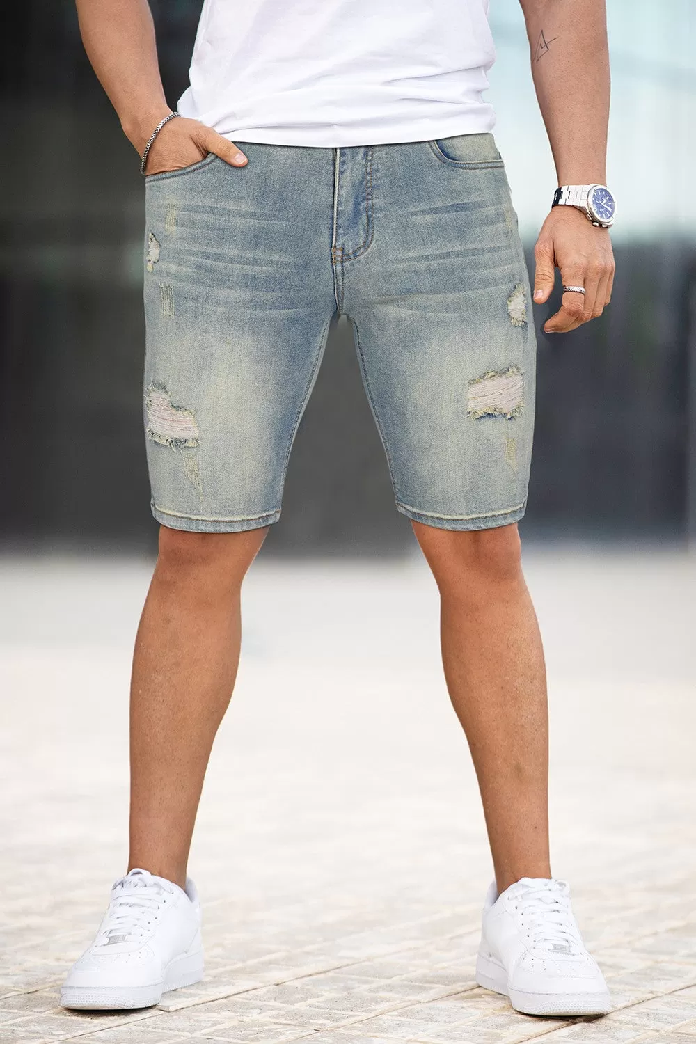 Buy $80 Free Shipping Men's Stretch Denim Short - Ripped And Vintage (Presale)