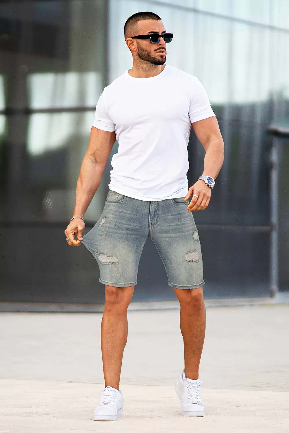 Buy $80 Free Shipping Men's Stretch Denim Short - Ripped And Vintage (Presale)