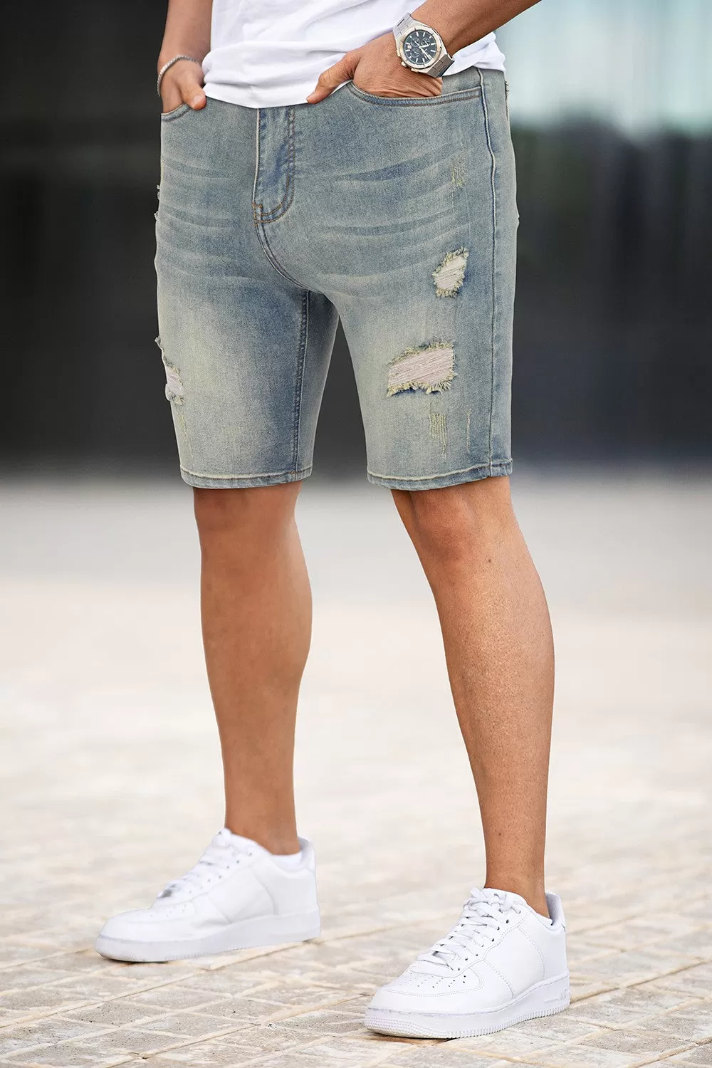 Buy $80 Free Shipping Men's Stretch Denim Short - Ripped And Vintage (Presale)