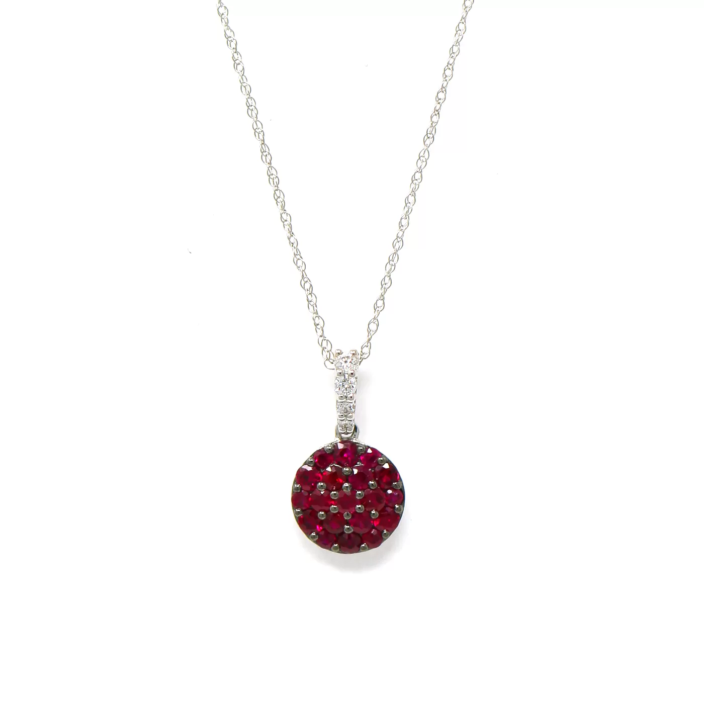 Cluster Ruby Pendant Necklace with Diamond Bail in 18K White Gold