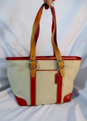 COACH 7740 HAMPTON CANVAS Leather TOTE shopper bag BEIGE RED purse