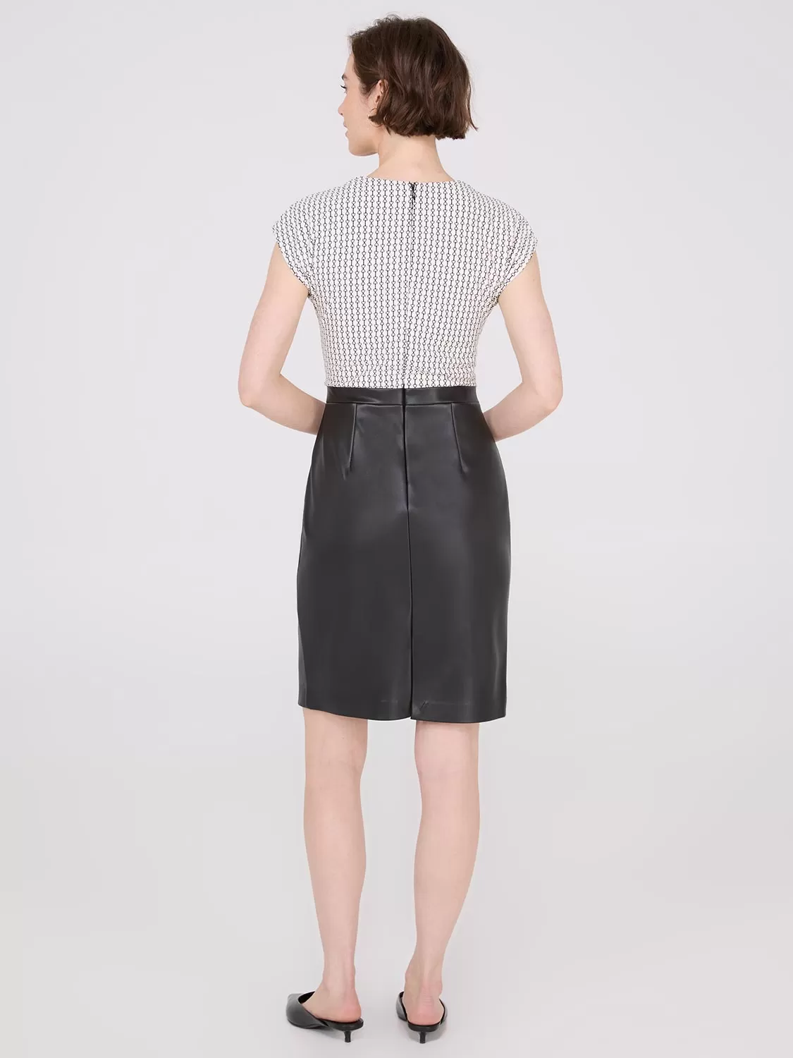 Cowl Neck Faux Leather Skirt 2-Fer Dress