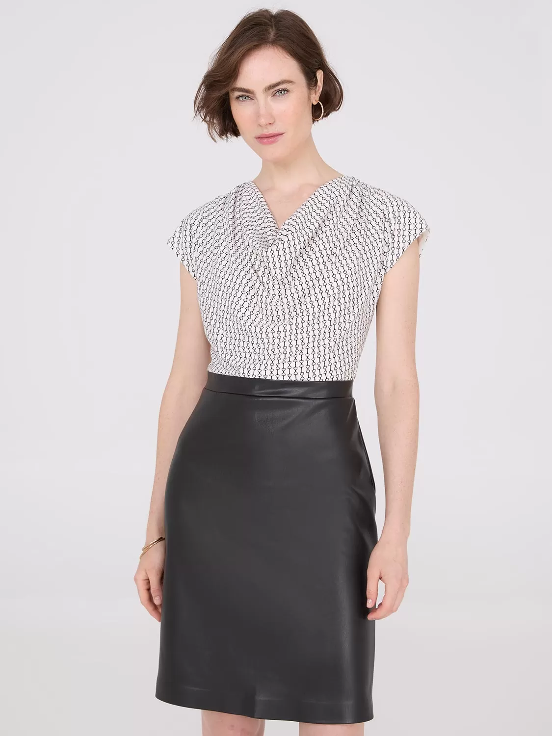 Cowl Neck Faux Leather Skirt 2-Fer Dress