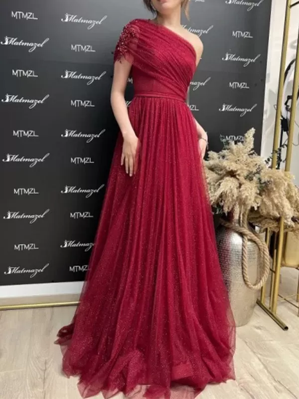 Dark Red A-line One Shoulder Tulle Long Prom Dress Evening Dress with Side Slit, OL716