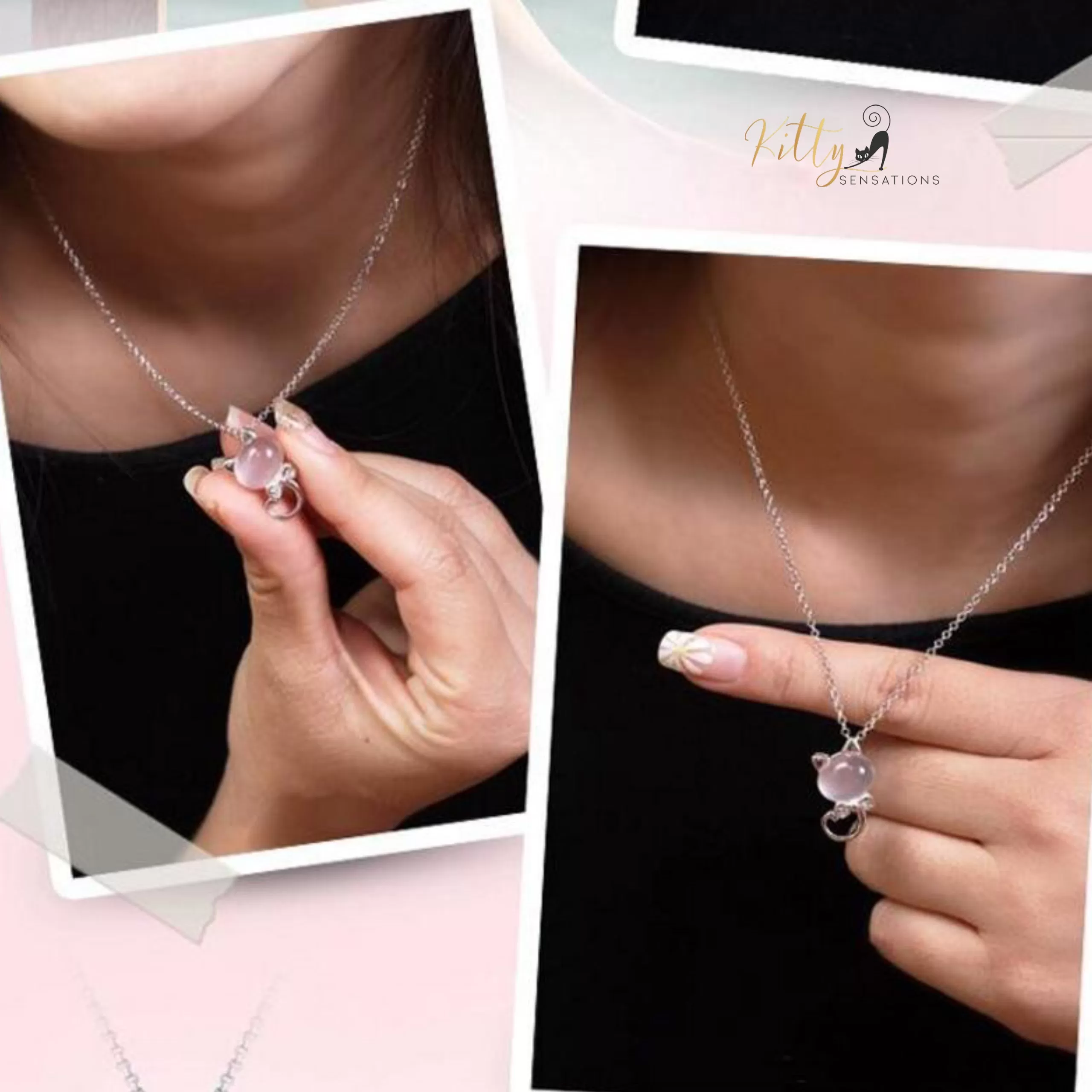 Delicate Tea Pink Crystal Cat Pendant Necklace in Solid 925 Sterling Silver