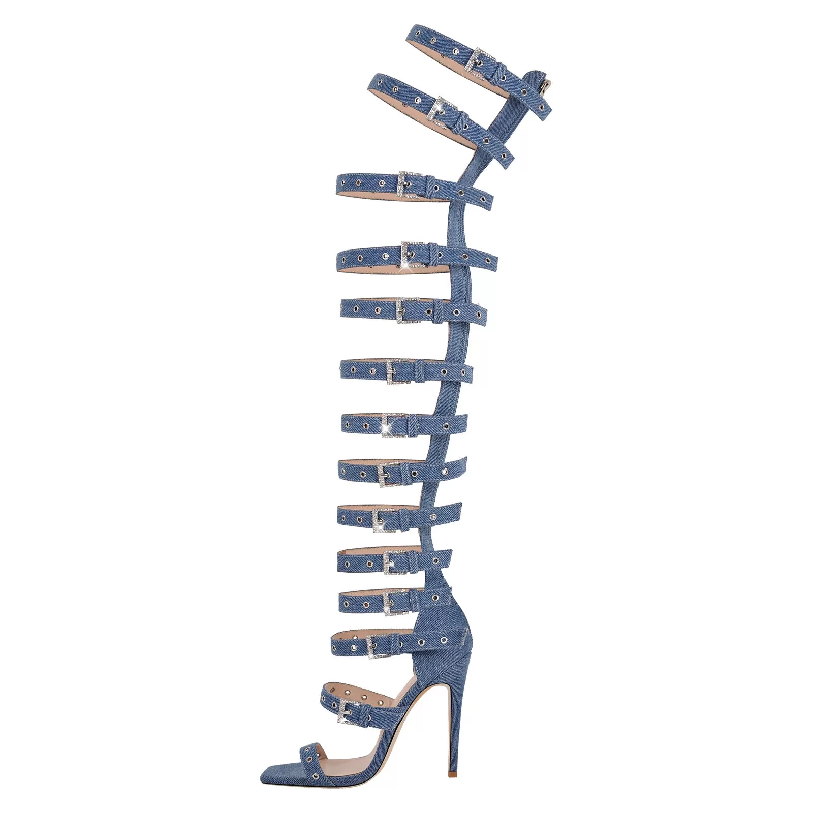 Denim Hollow Buckle Starp Thigh Stiletto Bootie Sandals