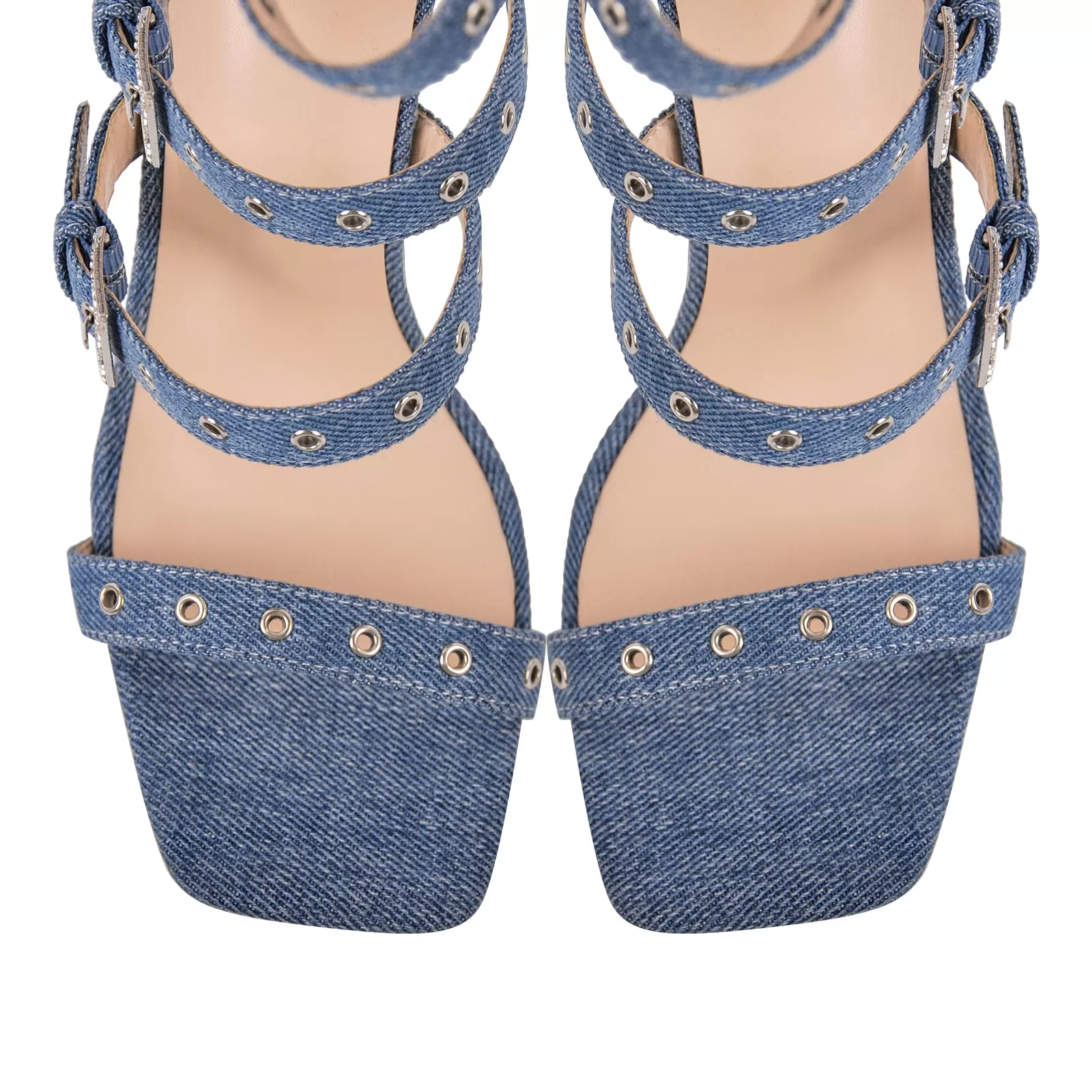 Denim Hollow Buckle Starp Thigh Stiletto Bootie Sandals