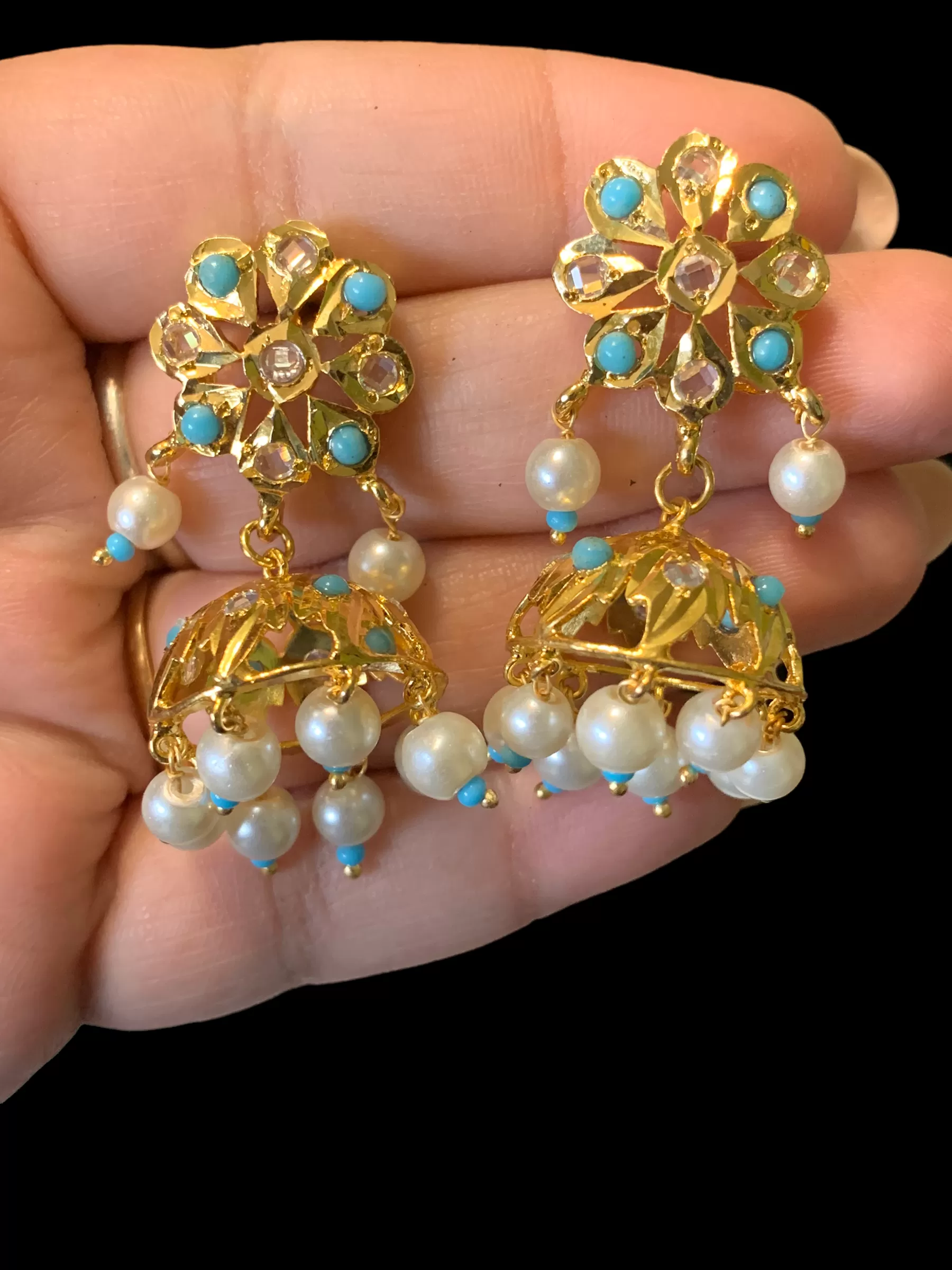 DER347 Turquoise  jhumka in flower tops ( READY TO SHIP)