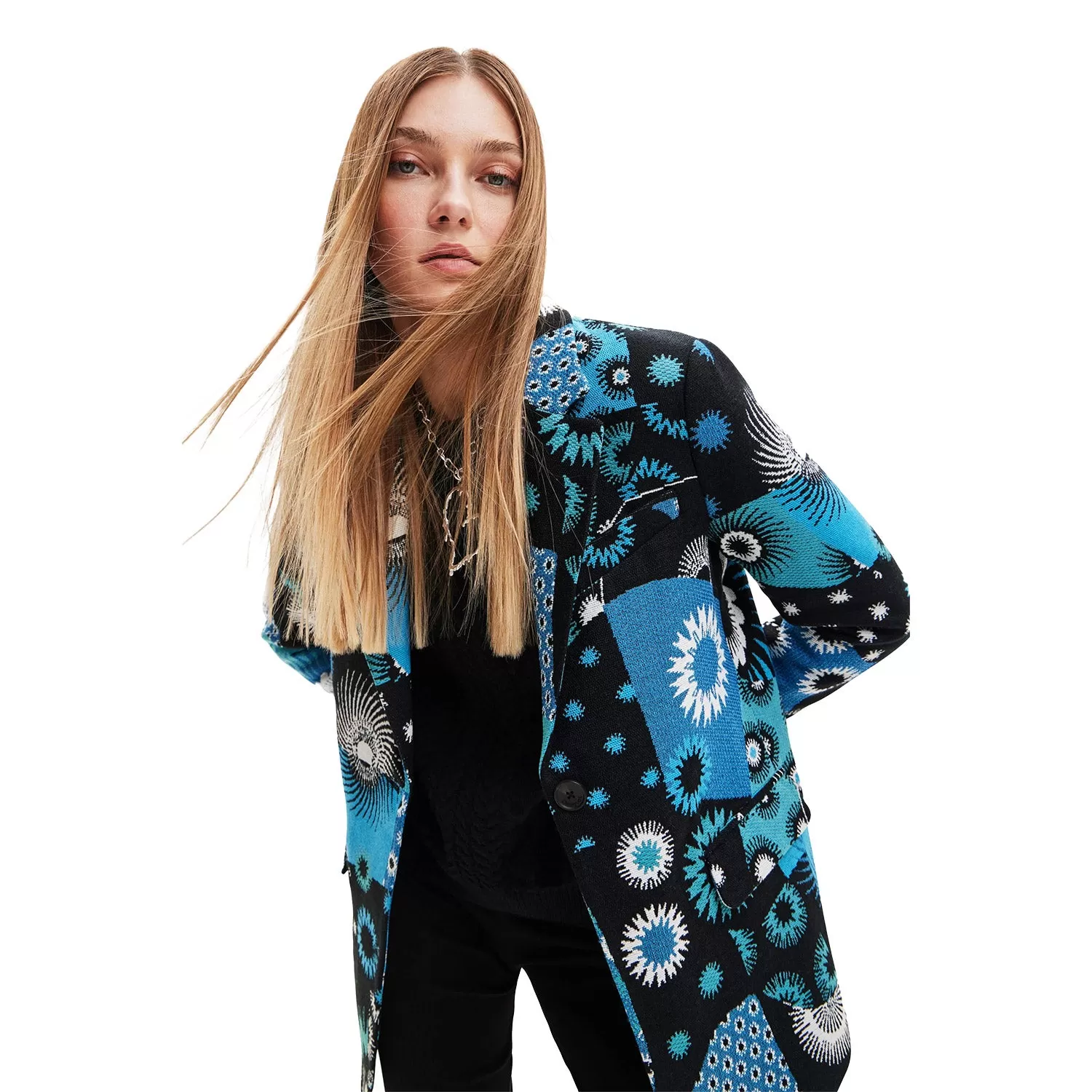 Desigual Jacquard Patchwork Blazer - Turquoise