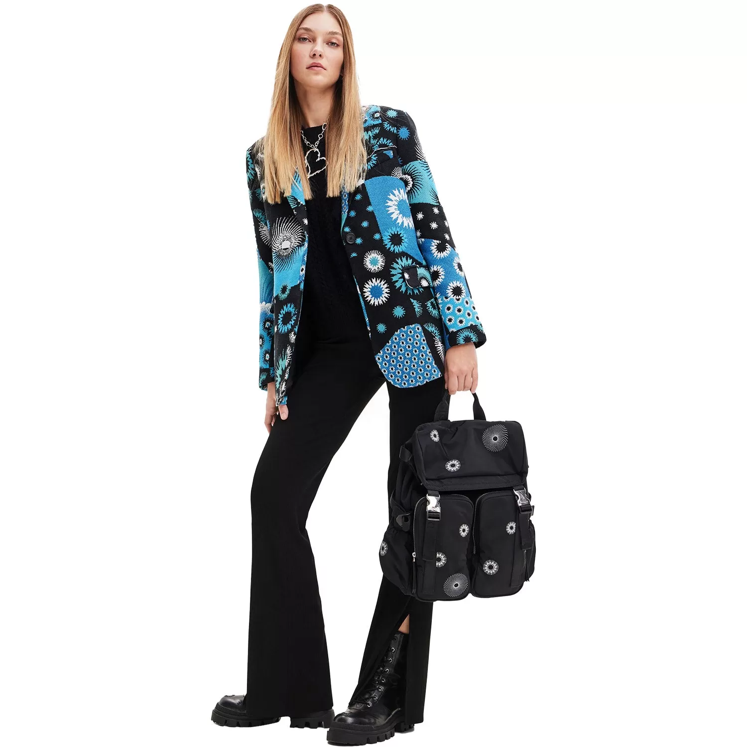 Desigual Jacquard Patchwork Blazer - Turquoise