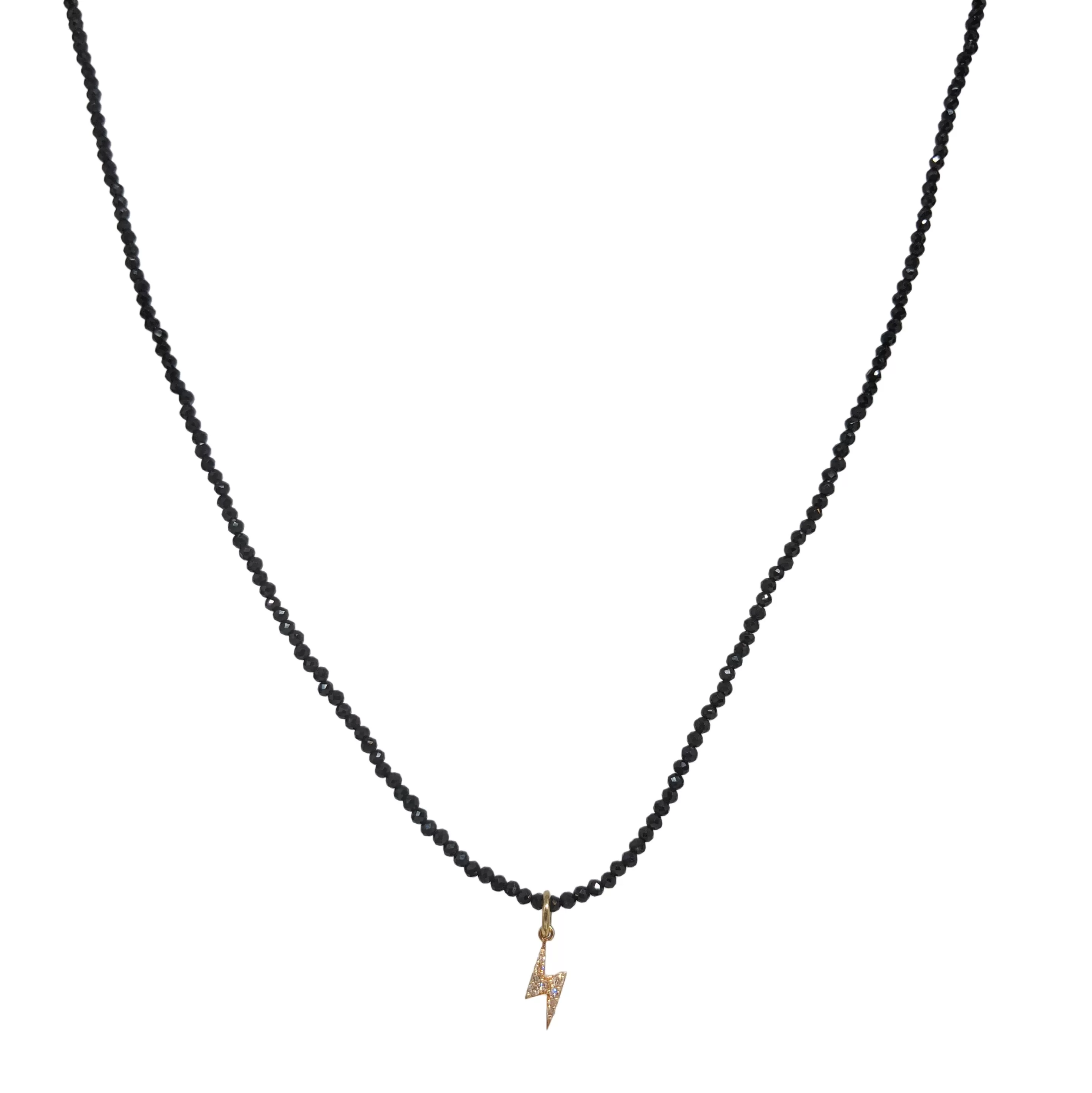 Diamond & 14kt Lightening Bolt Charm on Beaded Black Spinel Necklace by Margaret Solow