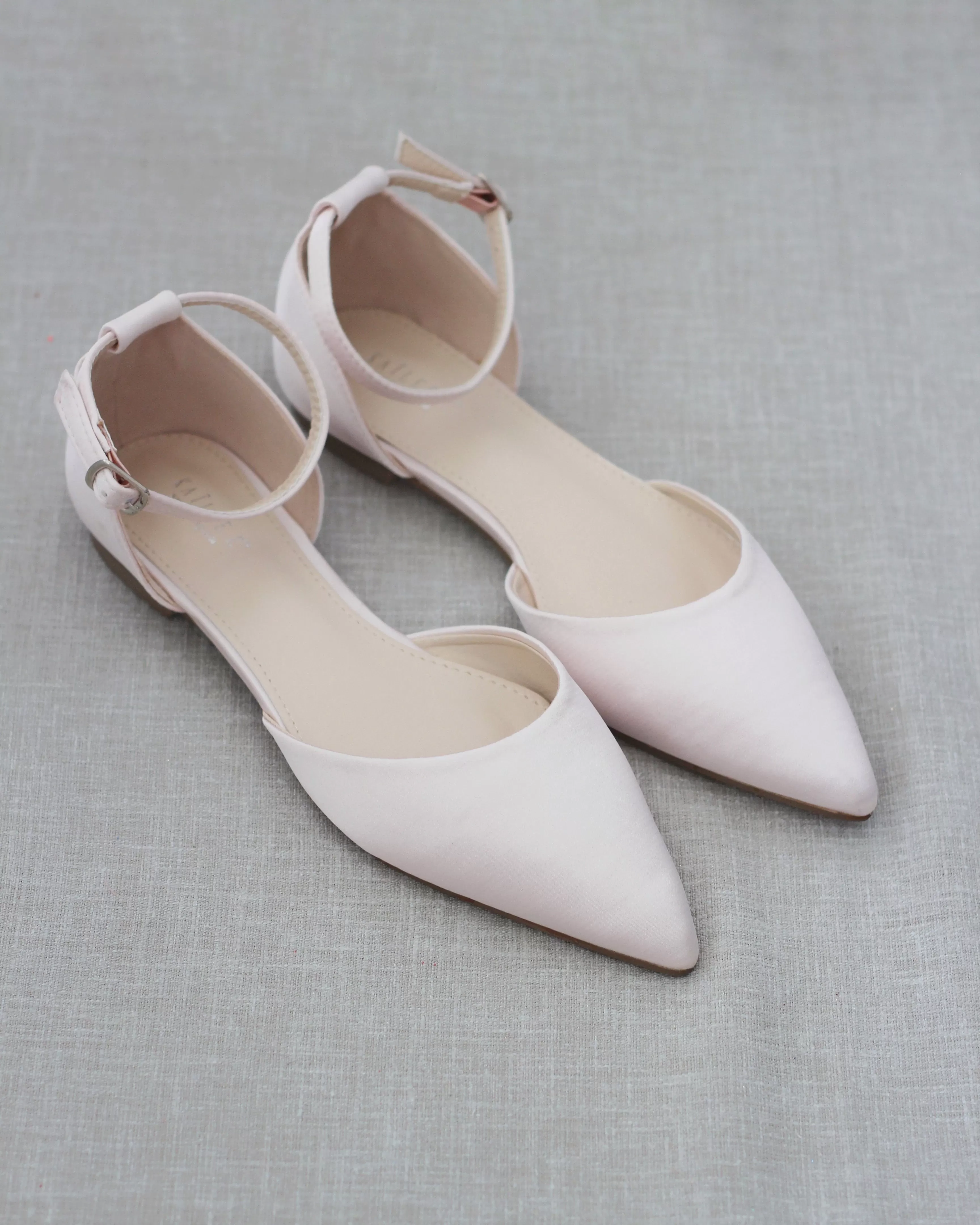 Dusty Pink Satin Pointy Toe Flats with Ankle Strap