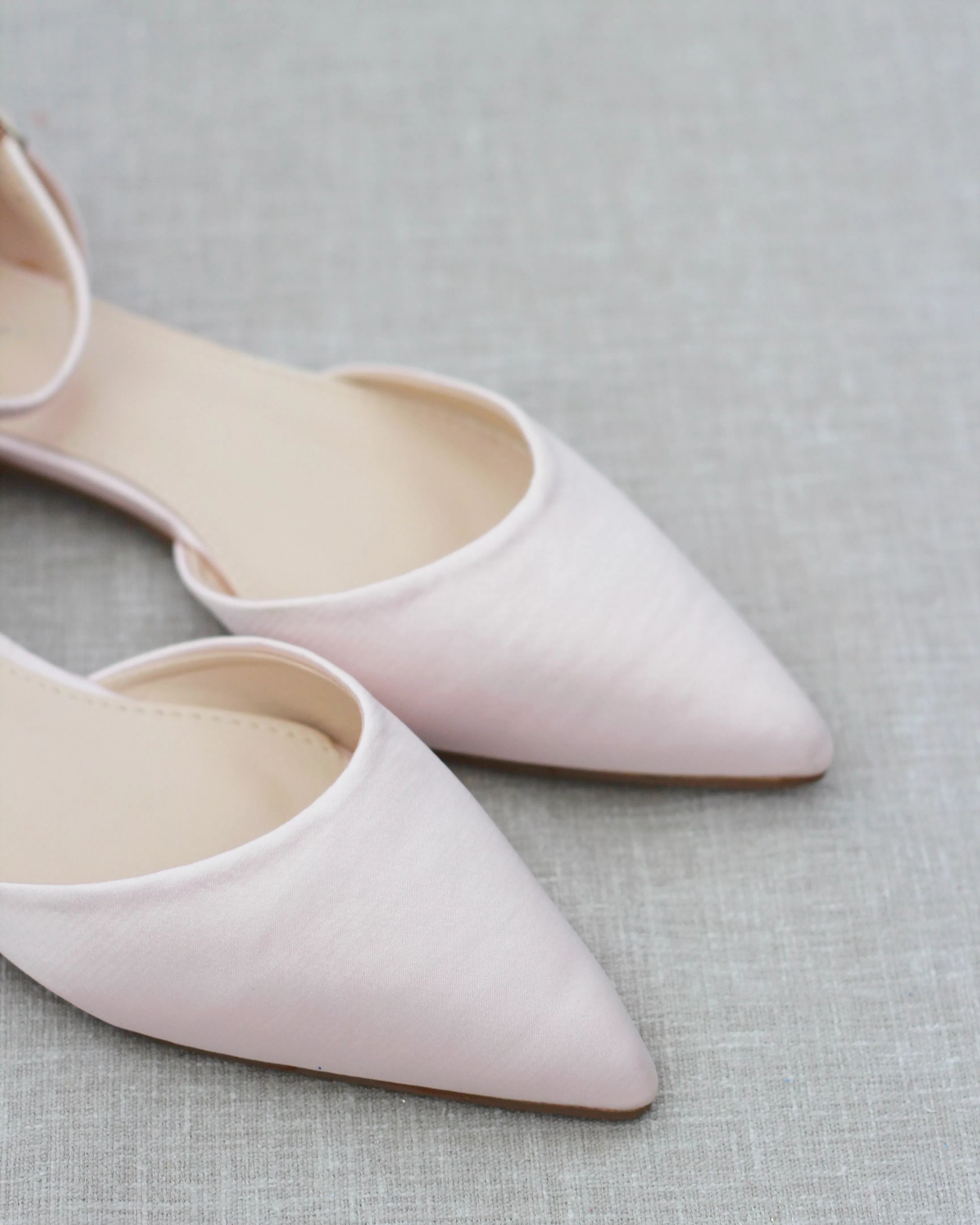 Dusty Pink Satin Pointy Toe Flats with Ankle Strap