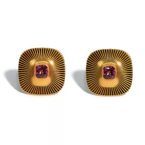 Eclat Jewels - Engraved Disc Earrings with Pink Spinel and Diamonds, 18k Yellow Gold