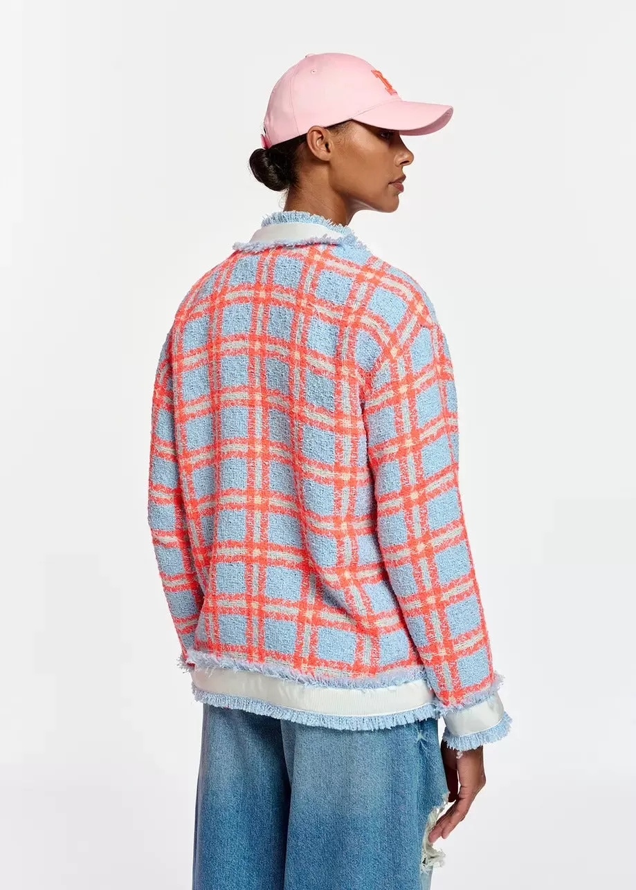 Essentiel Antwerp Light blue neon orange and off-white checked cardigan