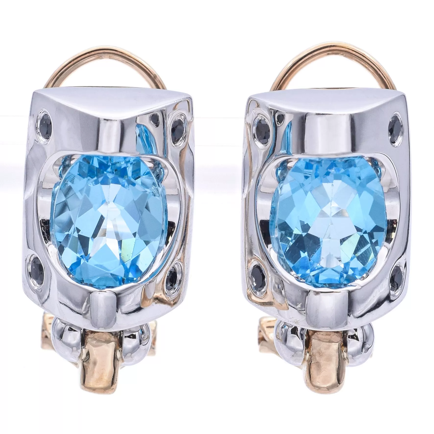 Estate 14K White Yellow Gold Blue Topaz & Sapphire Omega-Back Earrings