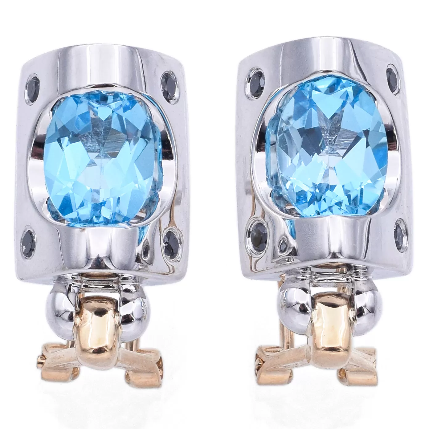 Estate 14K White Yellow Gold Blue Topaz & Sapphire Omega-Back Earrings