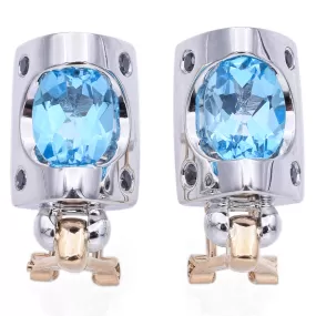 Estate 14K White Yellow Gold Blue Topaz & Sapphire Omega-Back Earrings