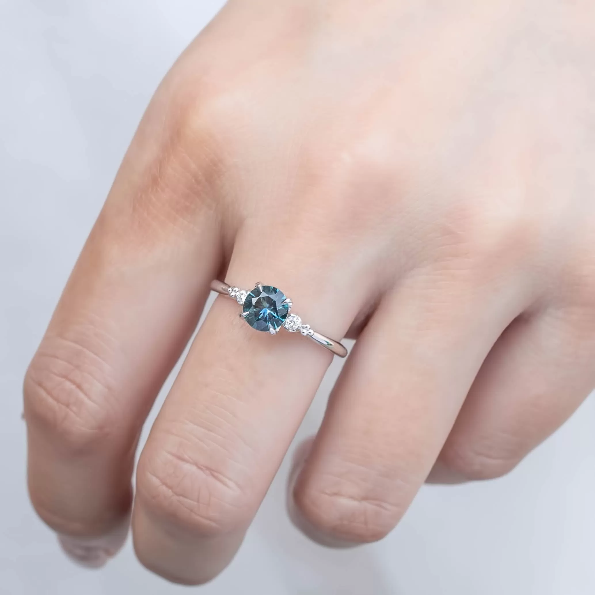 Estel Ring - 0.77ct Blue Green Montana Sapphire, 14k White Gold (One of a kind)