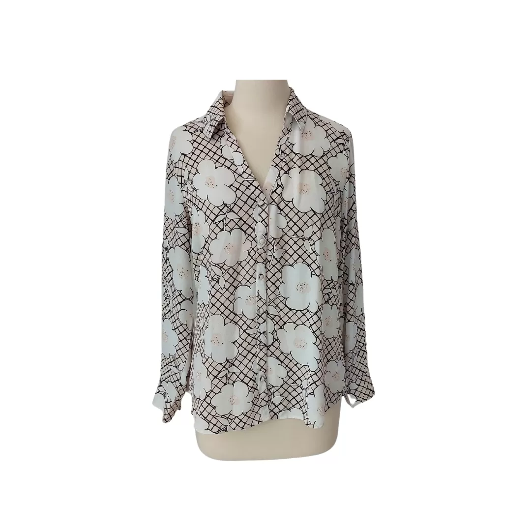 Express Cream & Black Flower Print Formal Collared Shirt | Like New |