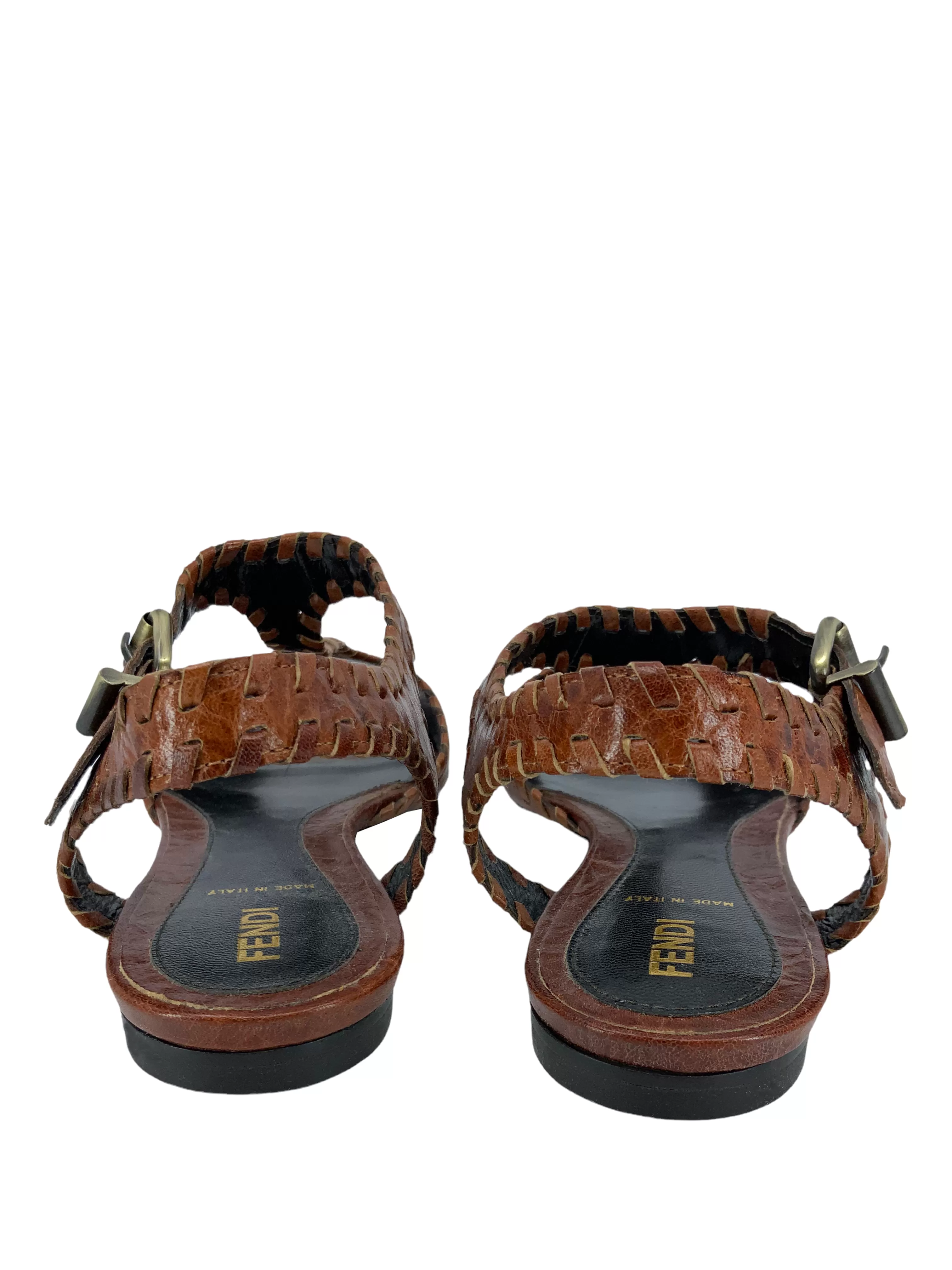 Fendi Braided Leather T-Strap Flat Sandals Size 8.5