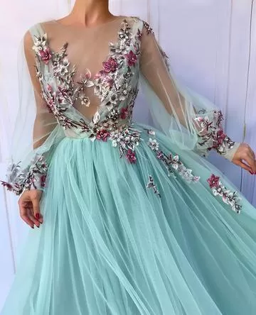 Flower Long Sleeve Prom Dress Cheap Lace Long Prom Dress #ER262