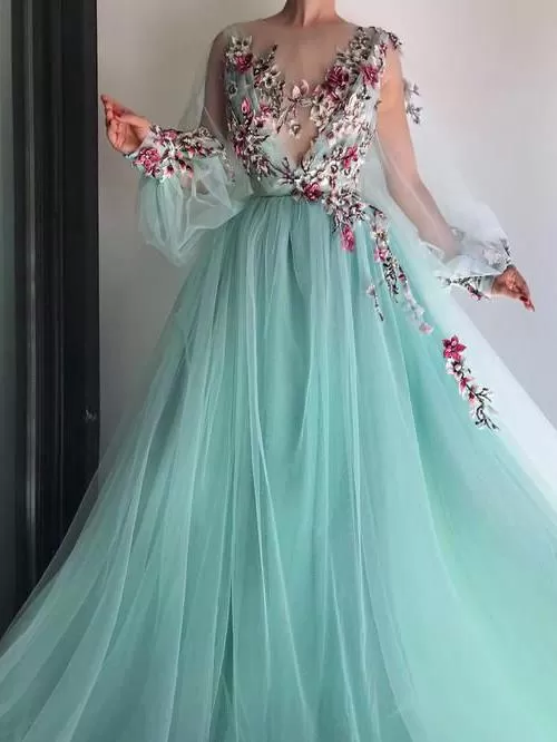 Flower Long Sleeve Prom Dress Cheap Lace Long Prom Dress #ER262