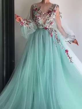 Flower Long Sleeve Prom Dress Cheap Lace Long Prom Dress #ER262