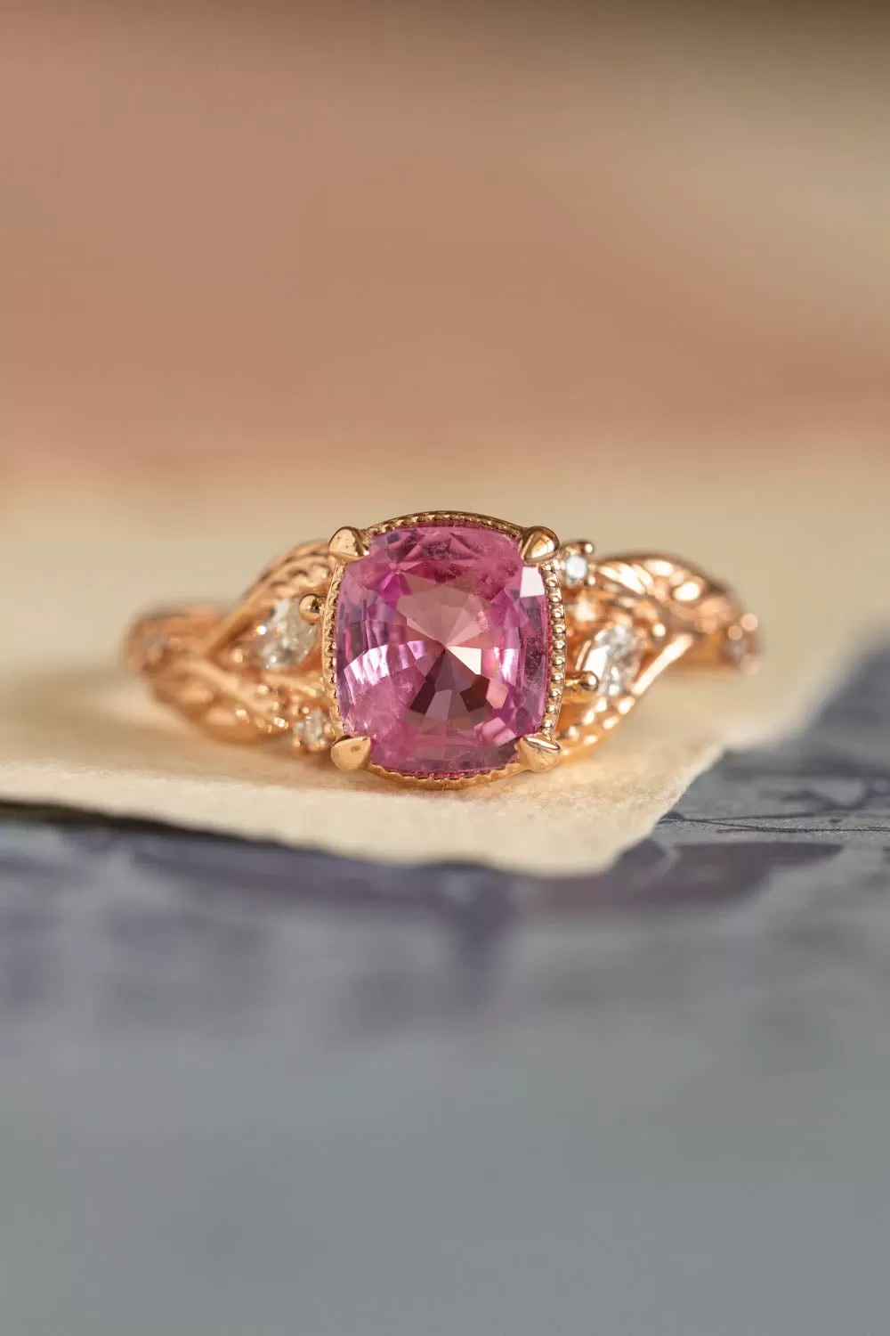 Genuine pink sapphire branch engagement ring, gold leaves and diamonds proposal ring / Patricia