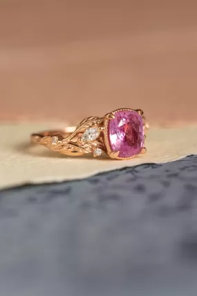 Genuine pink sapphire branch engagement ring, gold leaves and diamonds proposal ring / Patricia