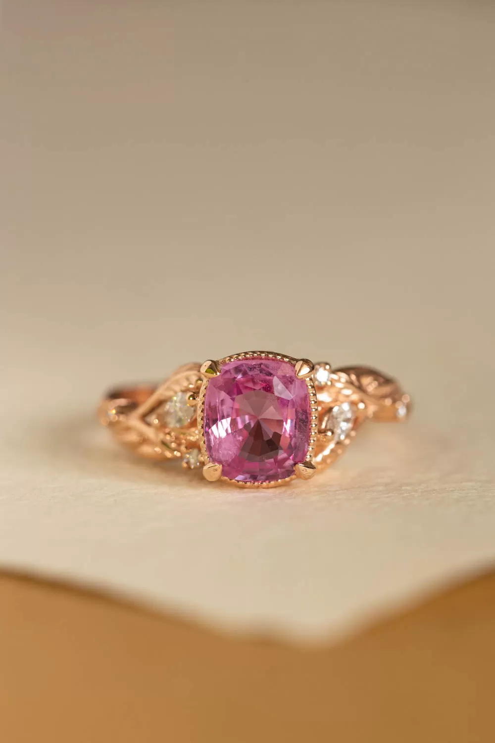 Genuine pink sapphire branch engagement ring, gold leaves and diamonds proposal ring / Patricia