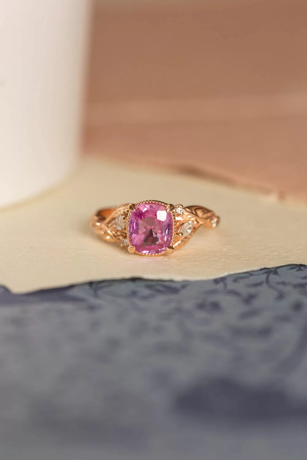 Genuine pink sapphire branch engagement ring, gold leaves and diamonds proposal ring / Patricia