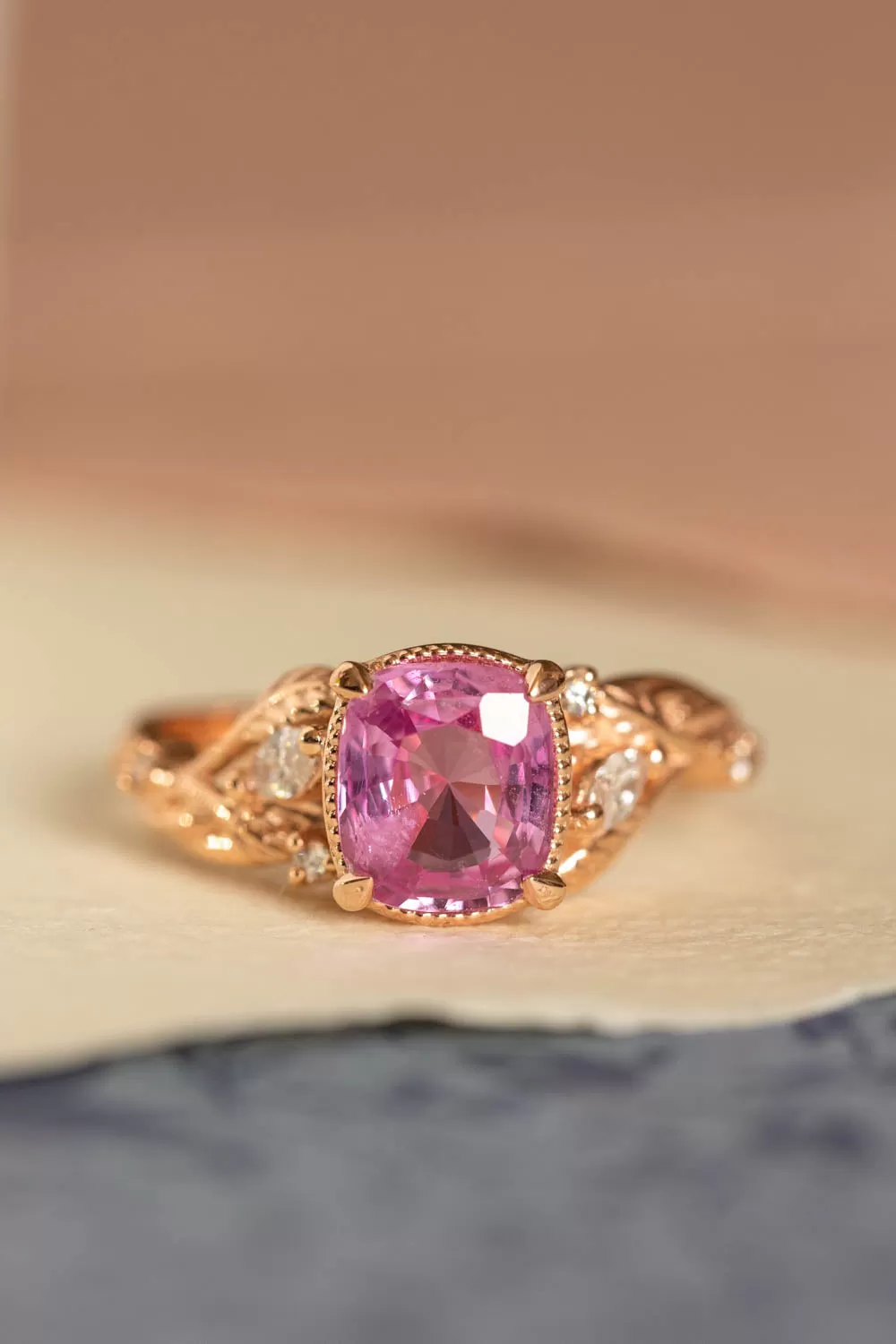 Genuine pink sapphire branch engagement ring, gold leaves and diamonds proposal ring / Patricia