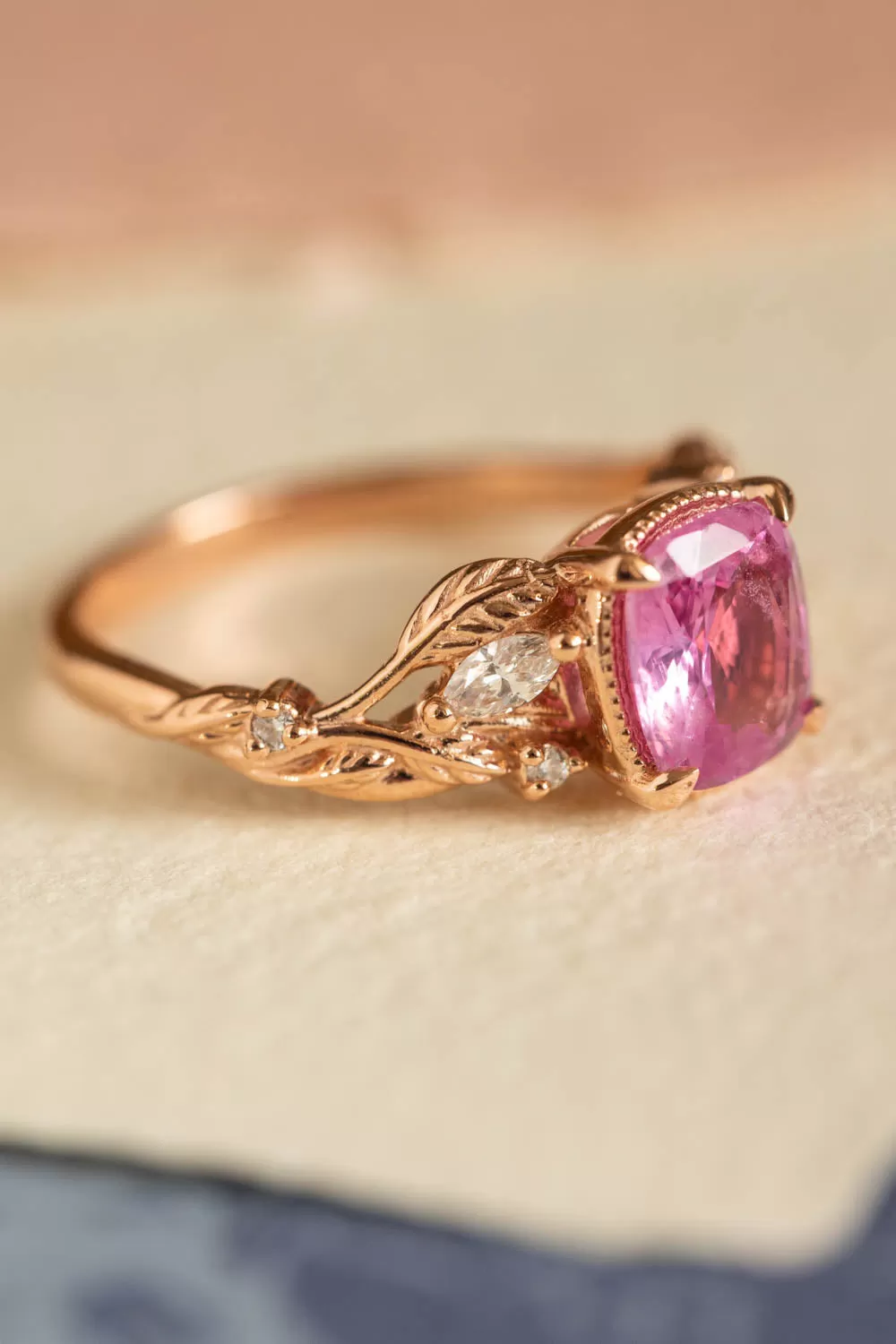 Genuine pink sapphire branch engagement ring, gold leaves and diamonds proposal ring / Patricia