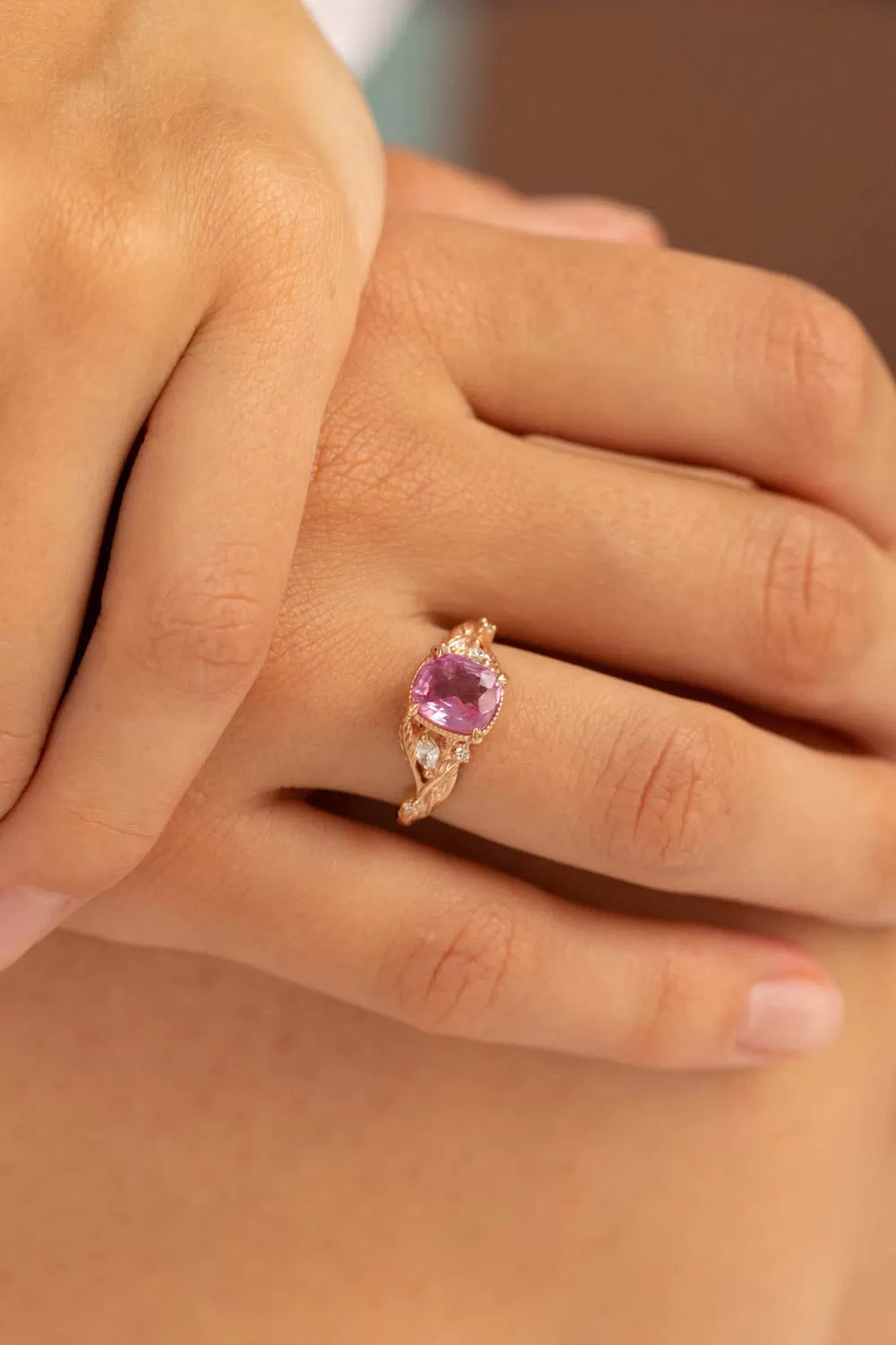 Genuine pink sapphire branch engagement ring, gold leaves and diamonds proposal ring / Patricia