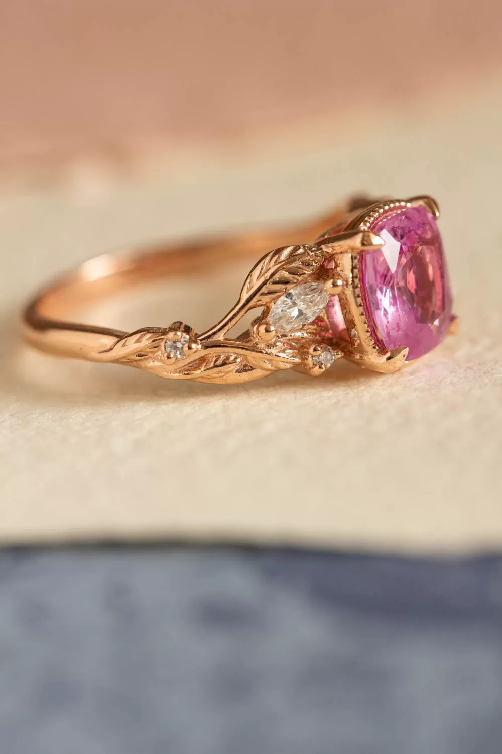 Genuine pink sapphire branch engagement ring, gold leaves and diamonds proposal ring / Patricia