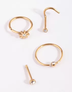 Gold Plated Surgical Steel Flower & Diamante Nose Stud 6-Pack