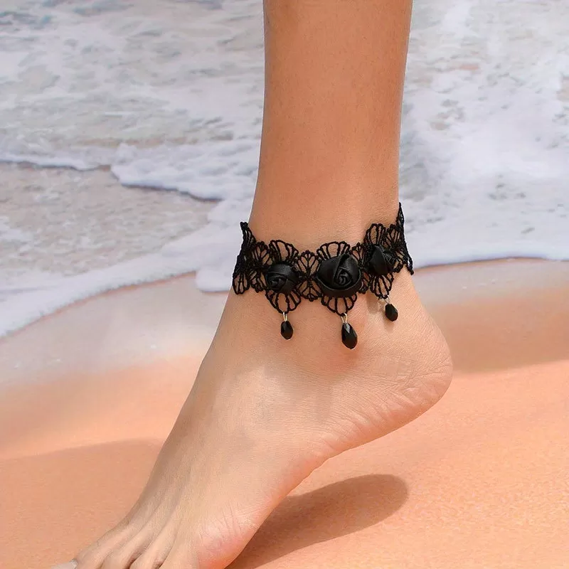 Gothic Punk Flower Lace Anklet - Perfect for Weddings, Halloween Decorations & More!