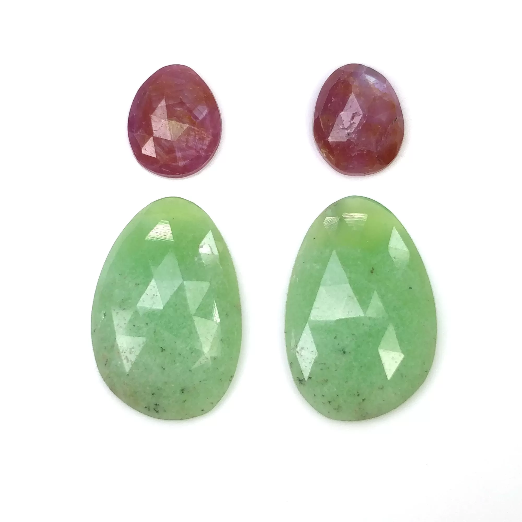 Green CHRYSOPRASE & Raspberry SAPPHIRE Gemstones Rose Cut : 25.38cts Natural Untreated Uneven Shape 11*9mm - 22*15mm 4pcs