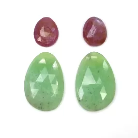 Green CHRYSOPRASE & Raspberry SAPPHIRE Gemstones Rose Cut : 25.38cts Natural Untreated Uneven Shape 11*9mm - 22*15mm 4pcs