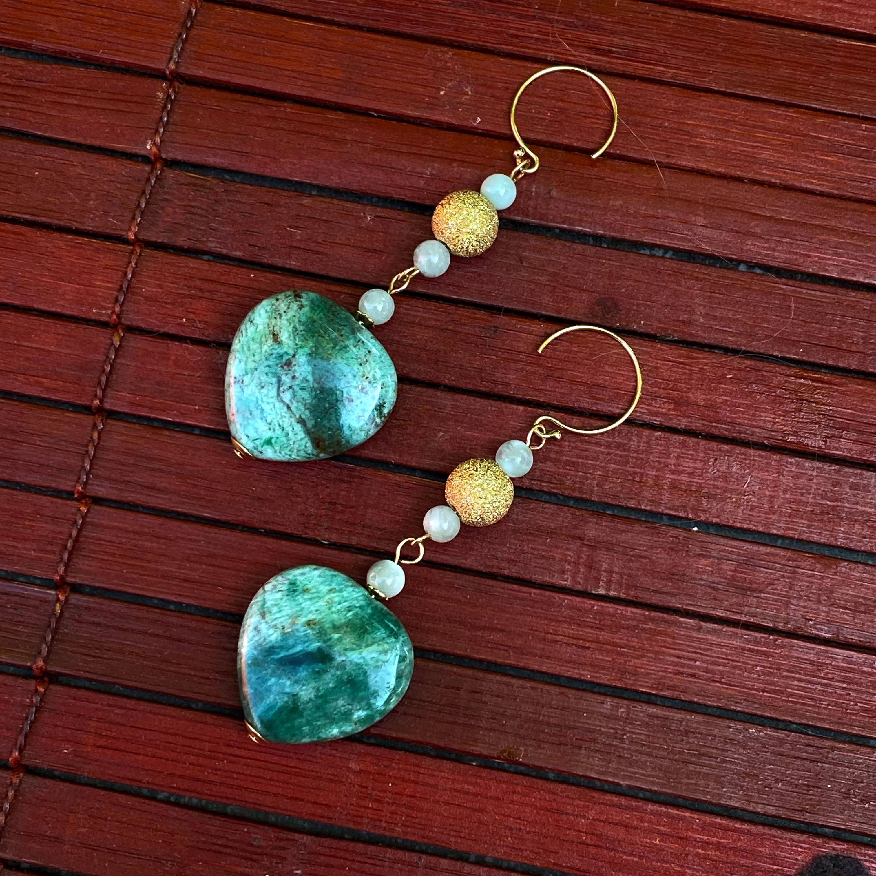 Green Jasper Heart Earrings with Moonstones