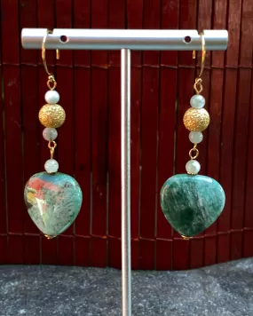 Green Jasper Heart Earrings with Moonstones