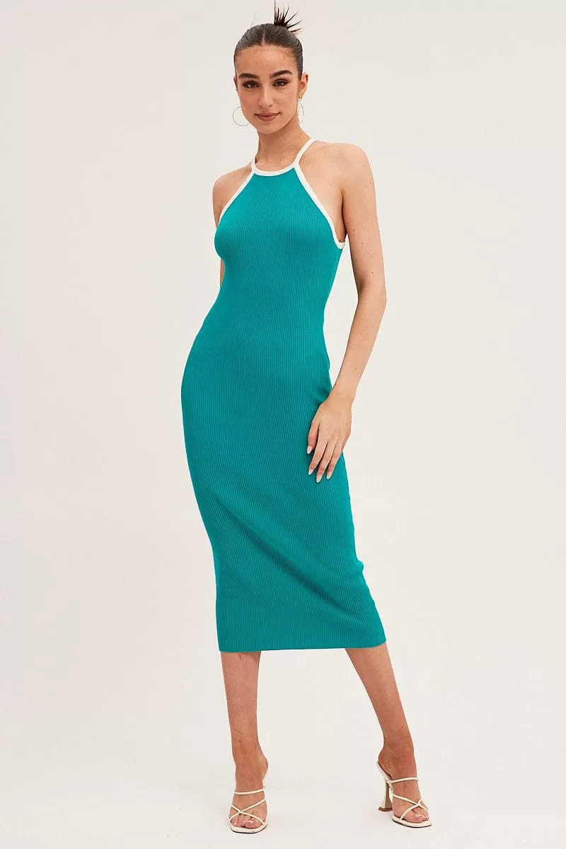 Green Knit Dress Midi Halter Neck Binding Detail