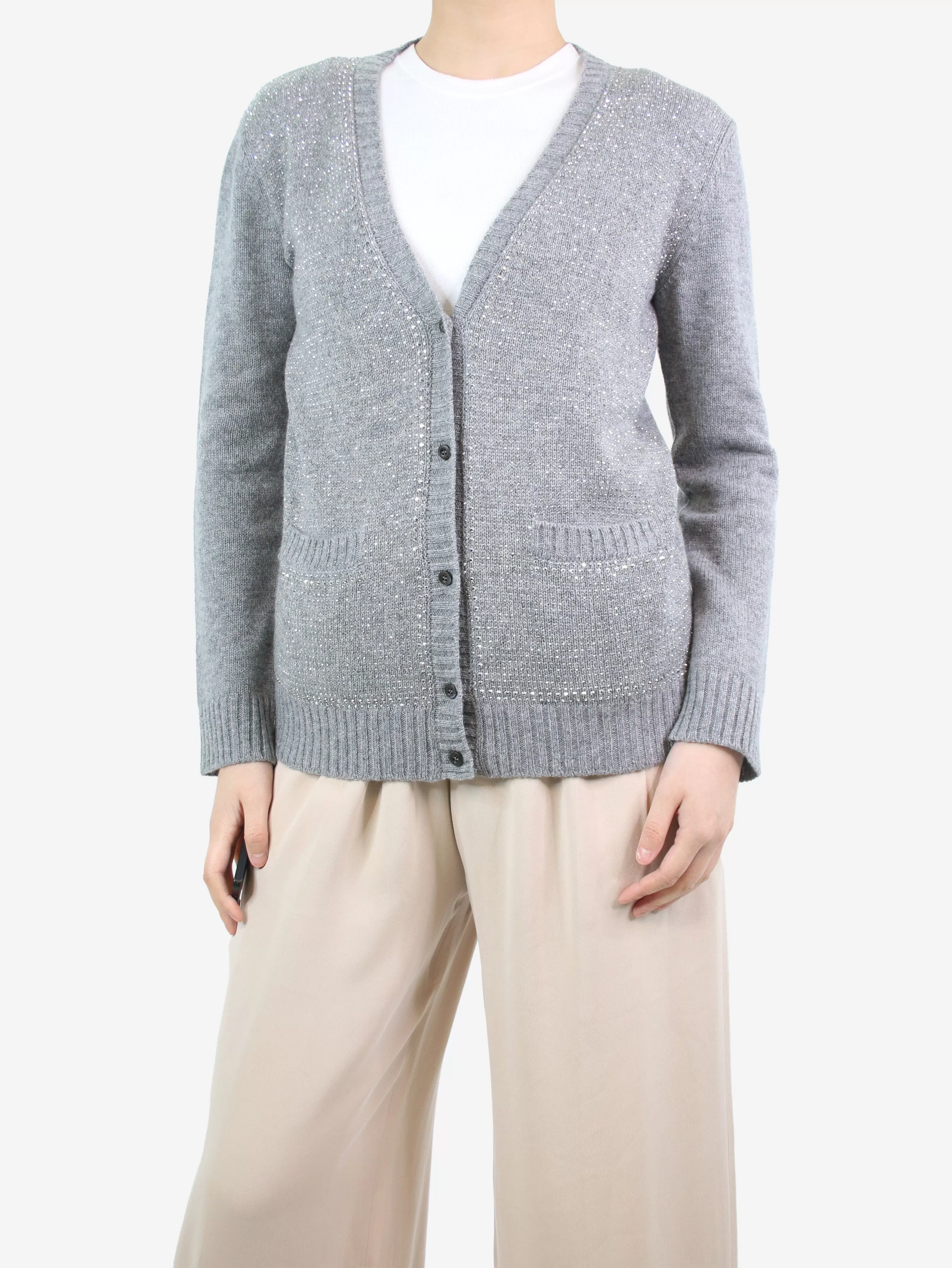 Grey crystal-trimmed cardigan - size UK 6