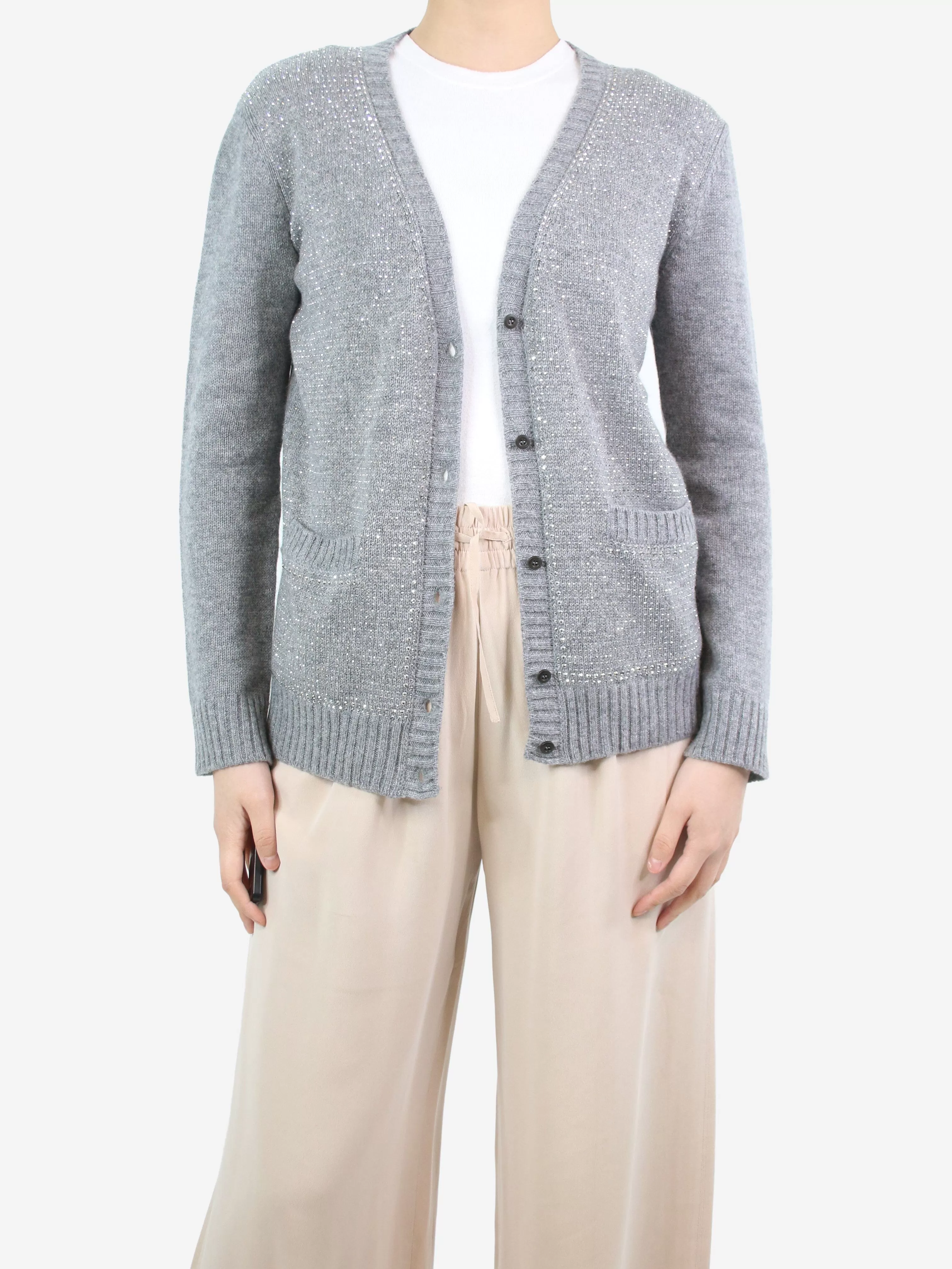 Grey crystal-trimmed cardigan - size UK 6