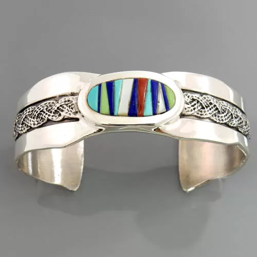 Handcrafted Sterling Silver Multi Stone Inlay Cuff Bracelet