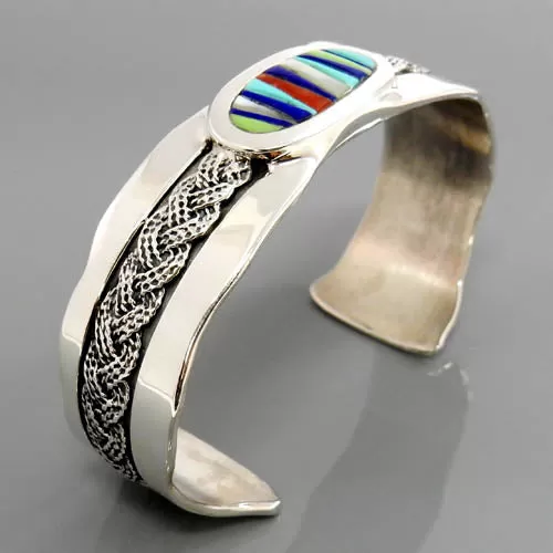 Handcrafted Sterling Silver Multi Stone Inlay Cuff Bracelet