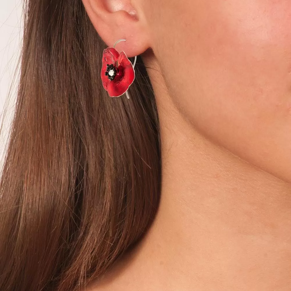 Handmade Sterling Silver Red Poppy Flower Dangle Earrings