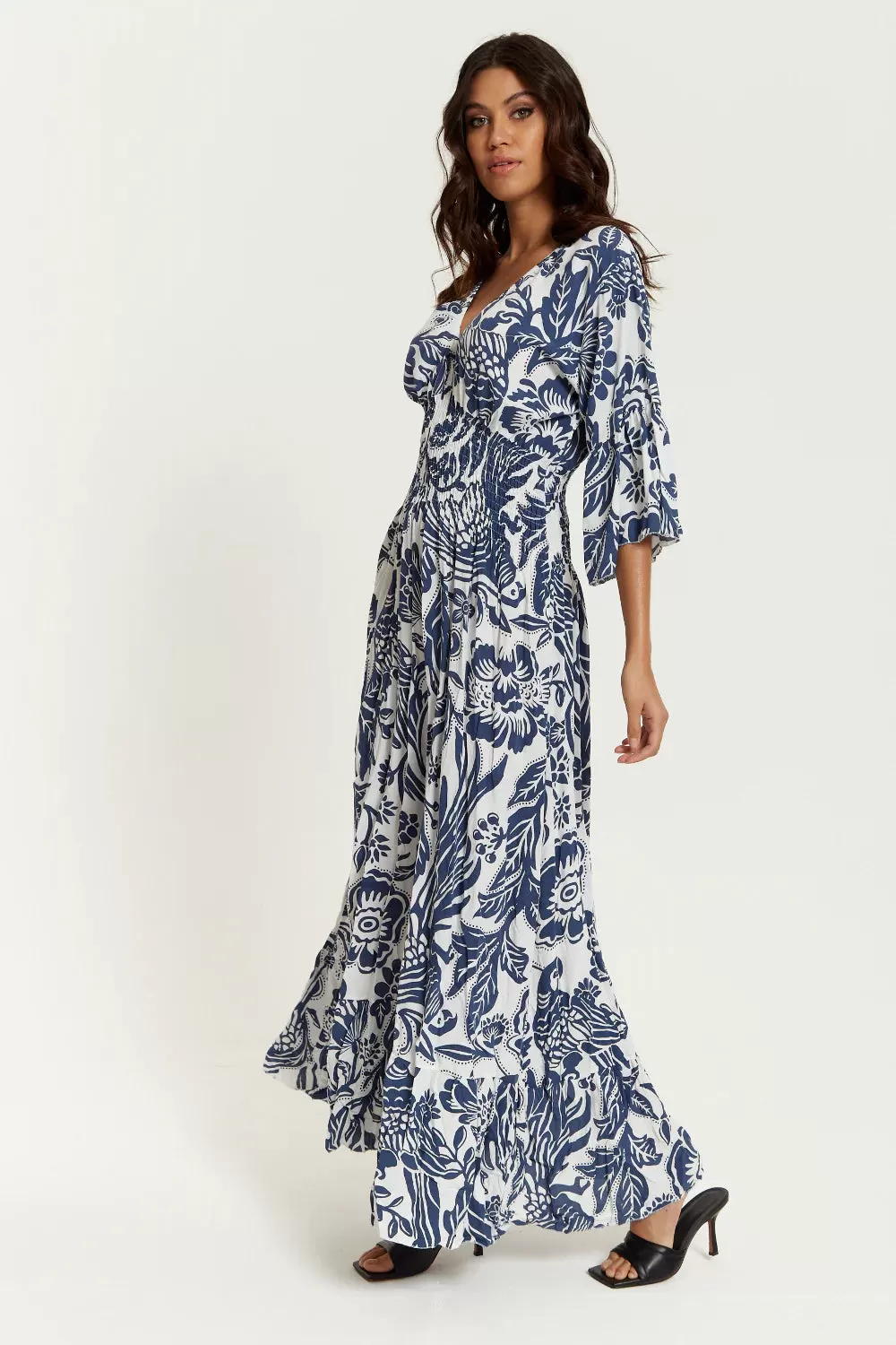 Hoxton Gal Oversized V Neck Detail Floral Print Maxi Dress