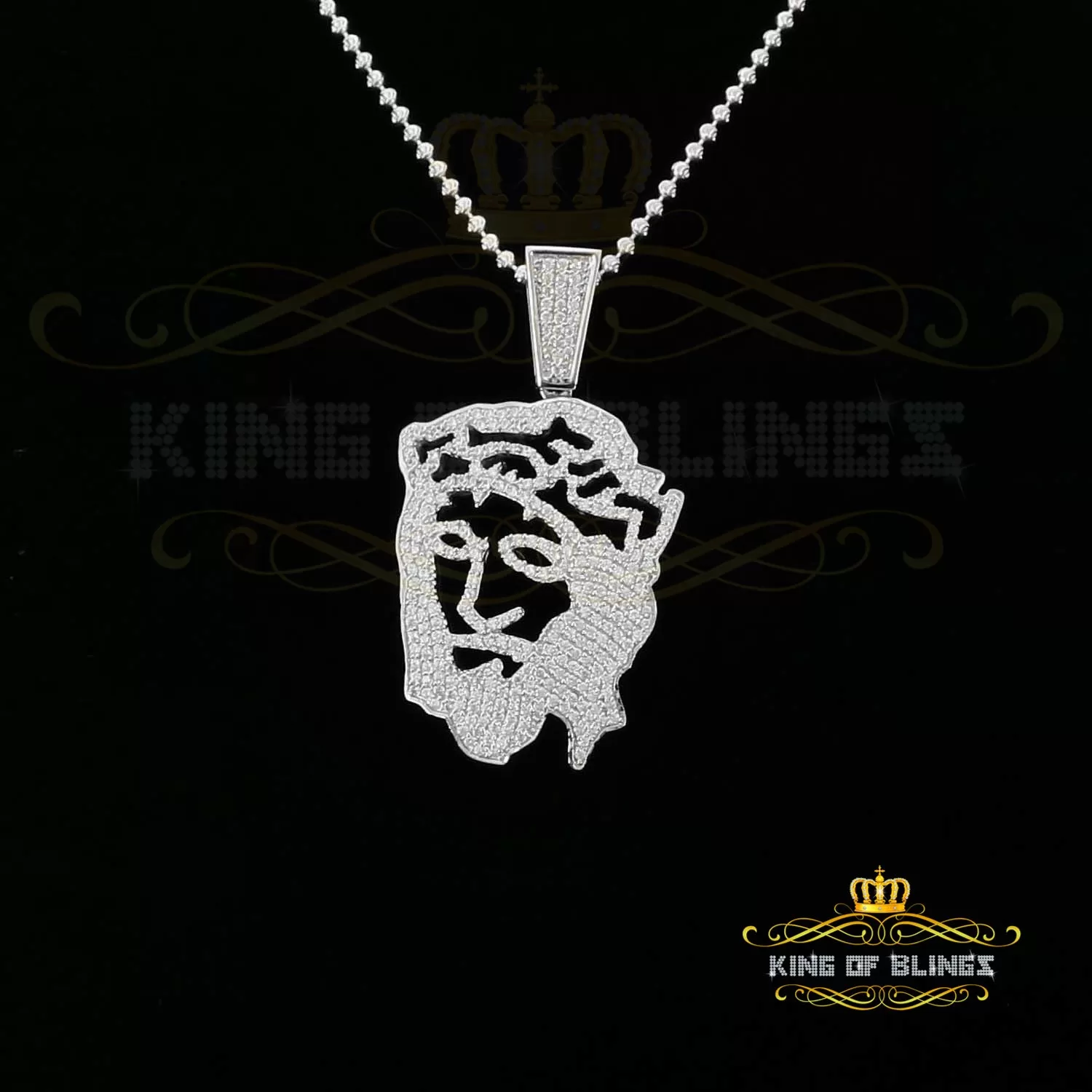 King Of Bling's Special 925 White Sterling Silver Jesus Face Pendant with 6.41ct Cubic Zirconia